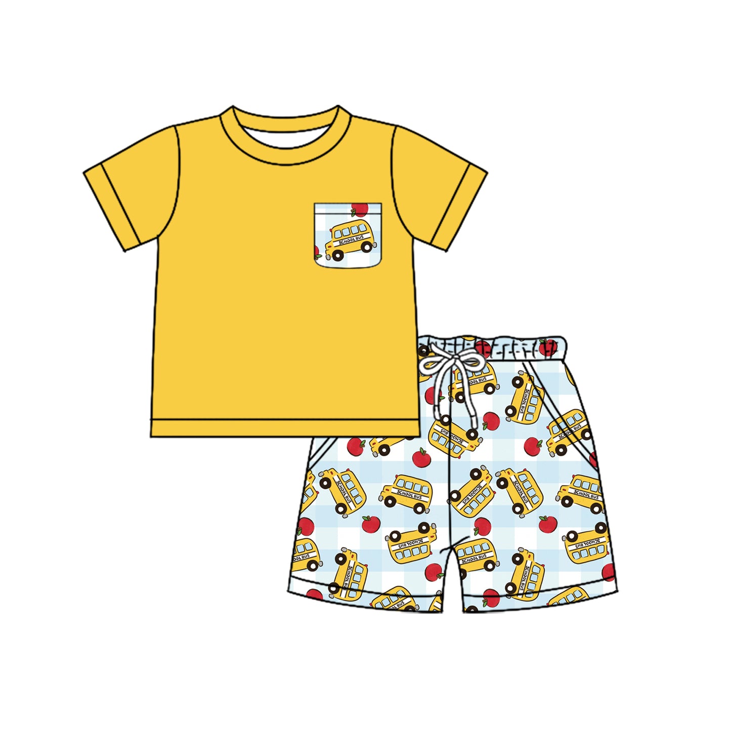 Baby Boys Pocket Shirts Top Apples Buses Pockets Short Back to School Clothes Sets Preorder