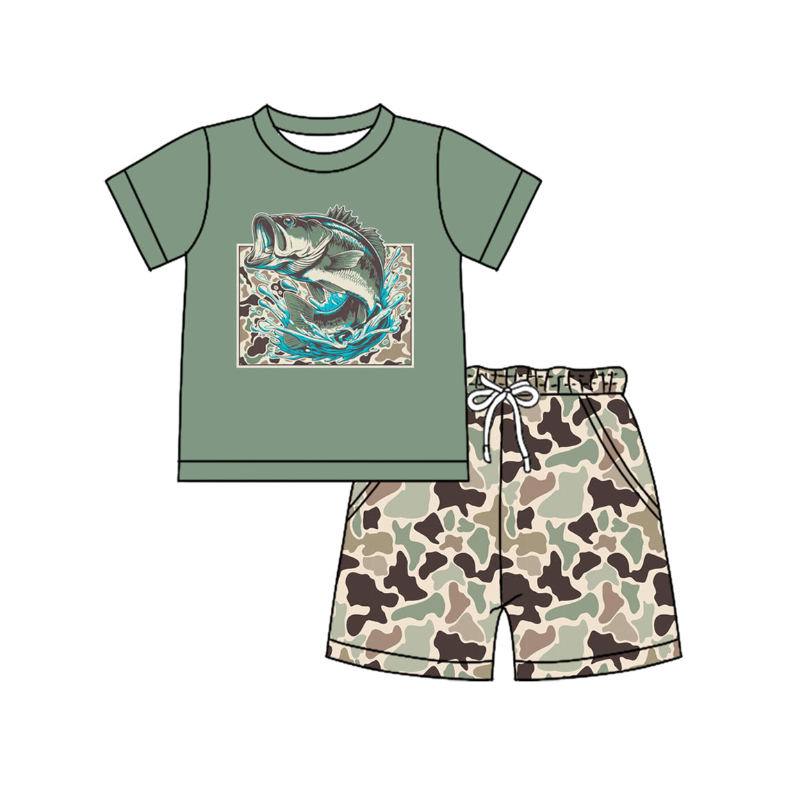 Baby Boys Southern Camo Fishes Top Pockets Shorts Hunting Clothes Sets Preorder