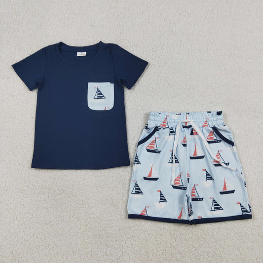 Sibling Baby Boys Boats Shirt Top Short Clothes Set Strap Rompers