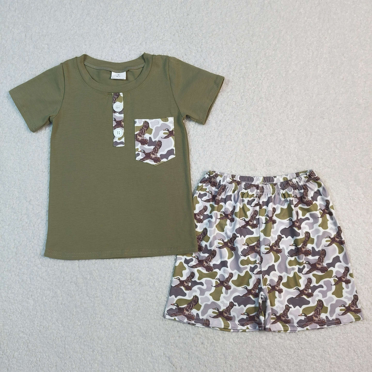 Sibling Baby Boys Green Camo Ducks Pocket Button Top Short Hunting Clothes Set Rompers