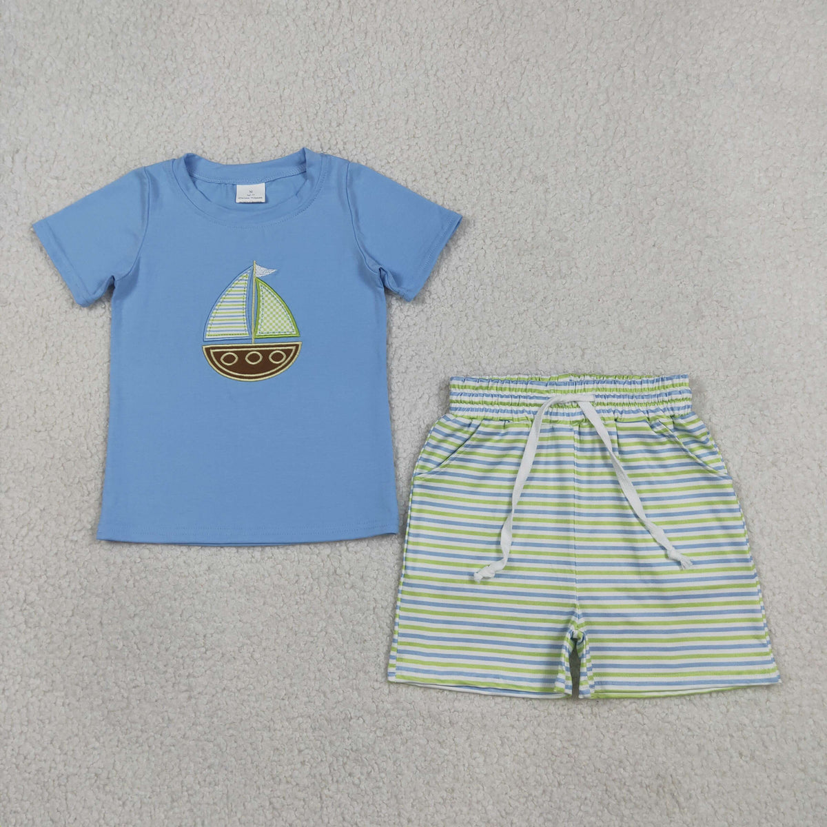 Sibling Baby Boys Embroidery Boats Top Pockets Stripe Short Clothes Set Rompers