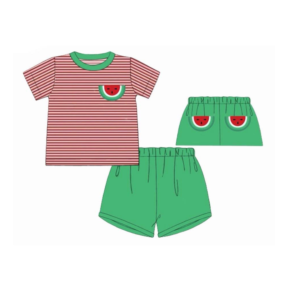 Baby Boys Red Stripe Watermelons Top Pockets Shorts Clothes Sets Preorder