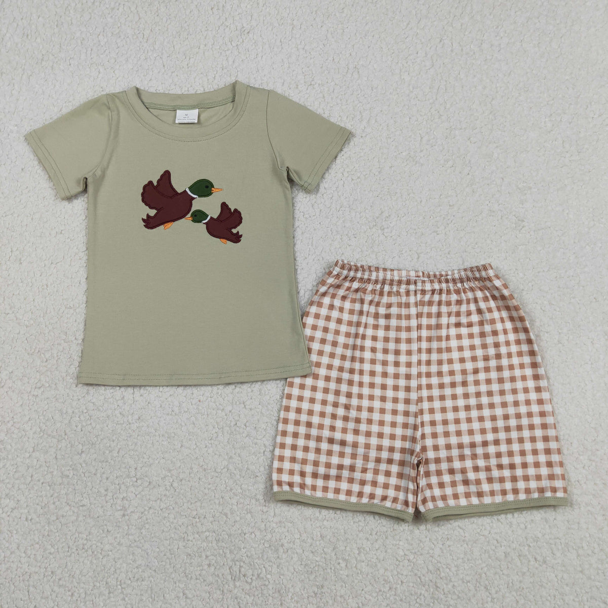 Sibling Baby Boys Embroidery Ducks Top Checked Short Hunting Clothes Set Rompers
