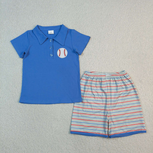 Embroidery Baseballs Baby Boys Blue Button Polo Top Stripe Shorts Team Clothes Sets