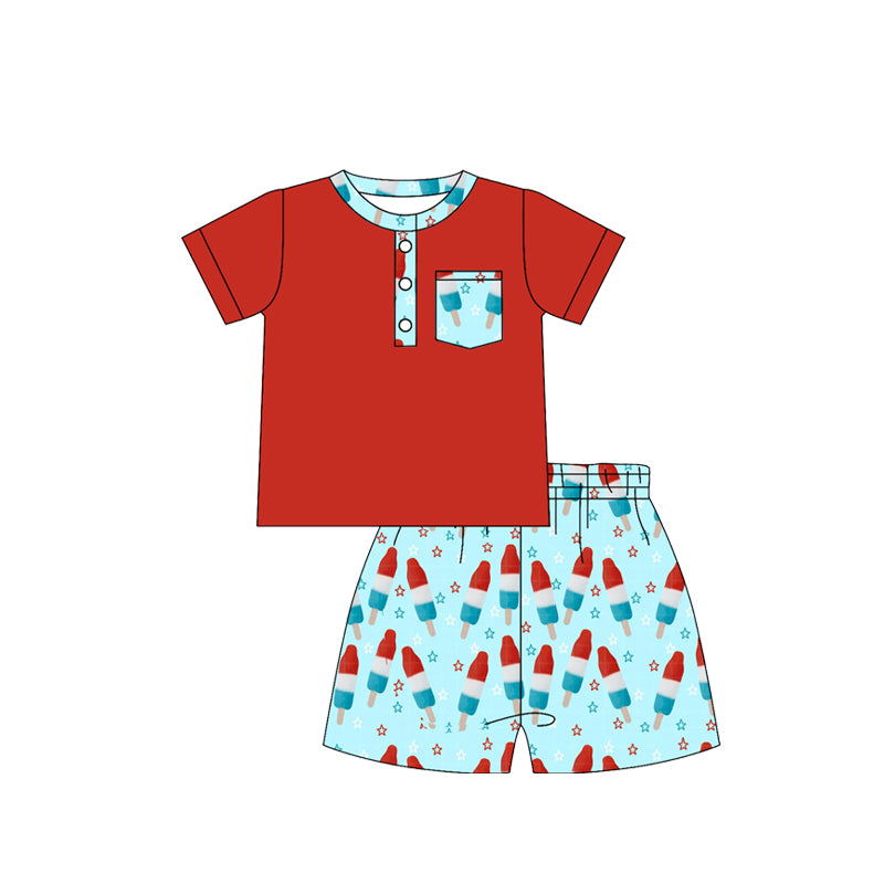 Baby Boys Pocket Button Top Red Blue Stars Popsicle Shorts 4th of July Sets Preorder