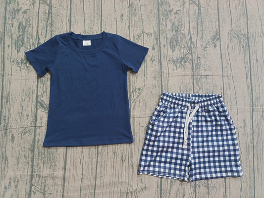 Baby Boys Navy Short Sleeve Shirts Top Checked Pockets Short Clothes Sets