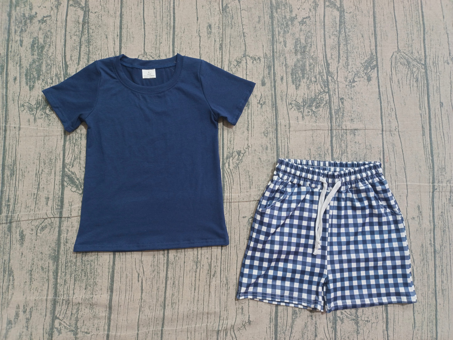 Baby Boys Navy Short Sleeve Shirts Top Checked Pockets Short Clothes Sets