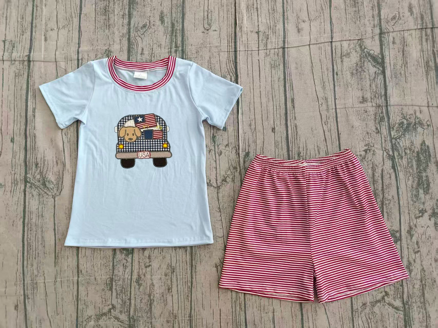 Embroidery Dog Flag Trucks Baby Boys Top Stripe Shorts 4th of July Clothes Sets Preorder