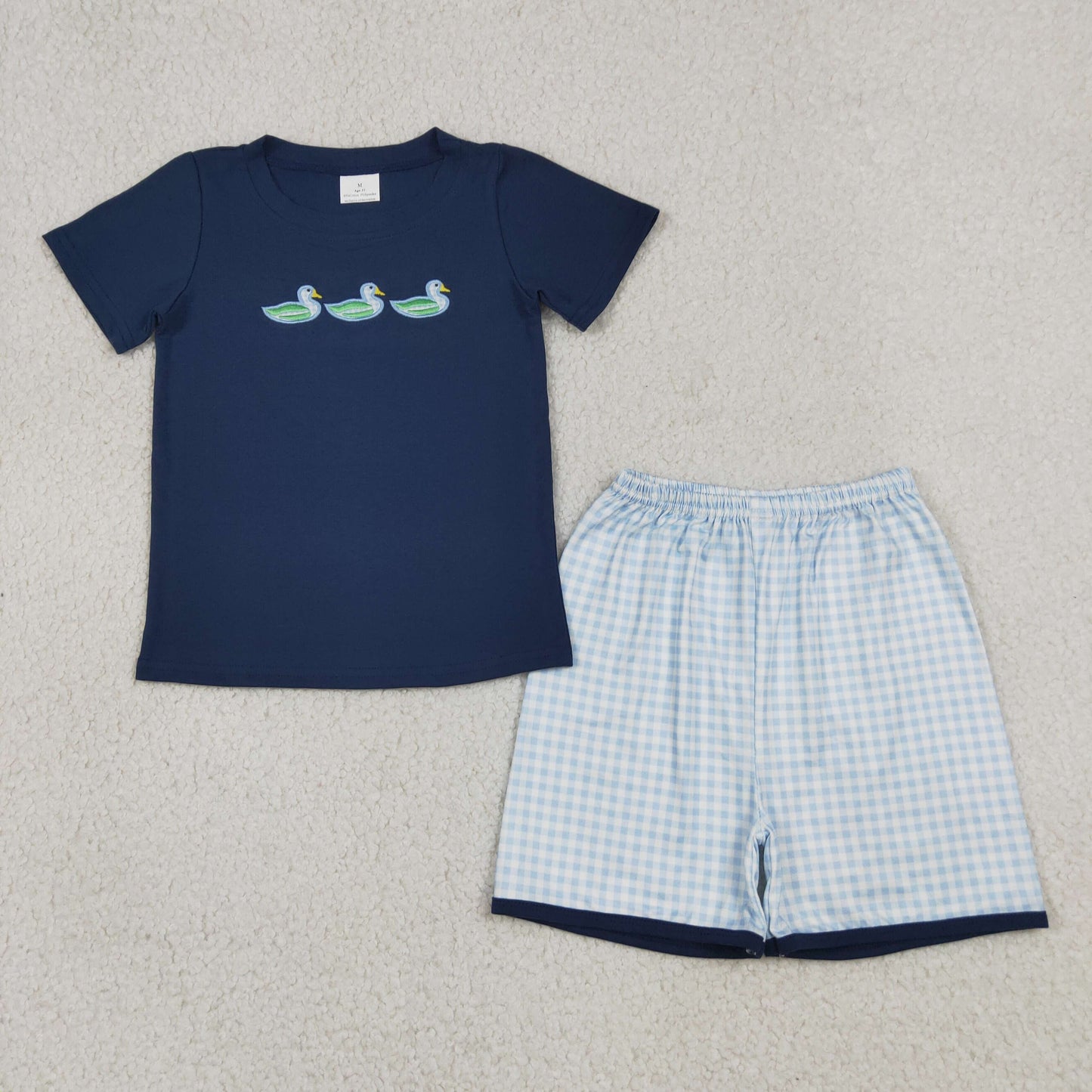 Embroidery Ducks Baby Boys Navy Top Checked Short Hunting Clothes Sets