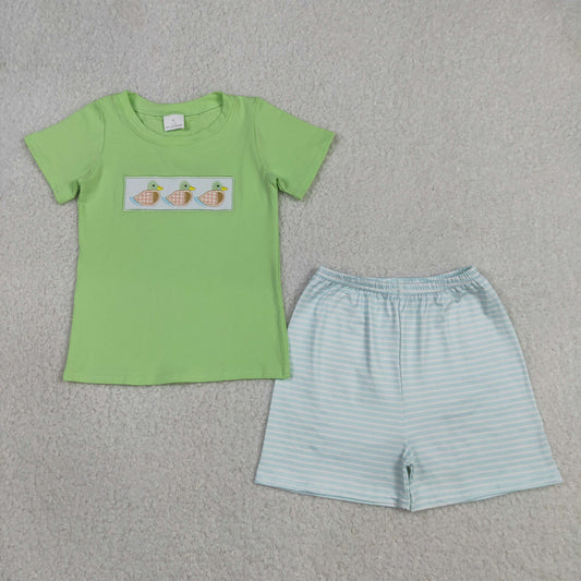 Sibling Baby Kids Embroidery Ducks Top Stripe Short Hunting Clothes Set Rompers