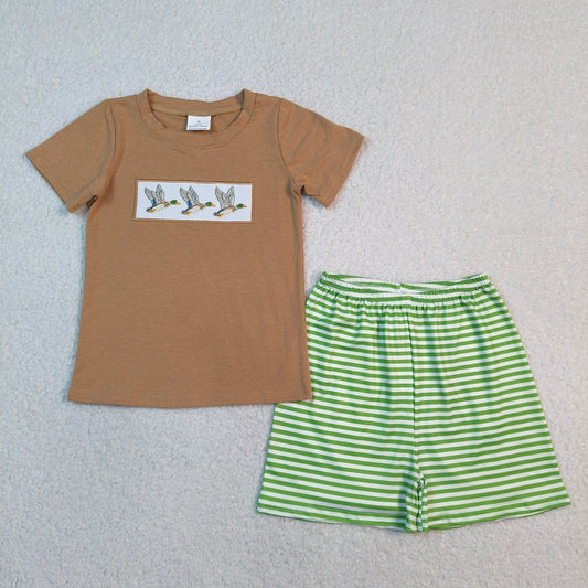 Embroidery Ducks Baby Boys Shirt Top Stripe Short Hunting Clothes Sets