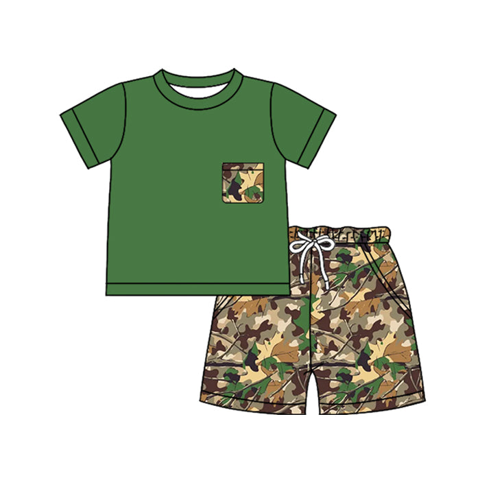 Baby Boys Green Leaves Camo Top Pockets Short Clothes Sets Preorder