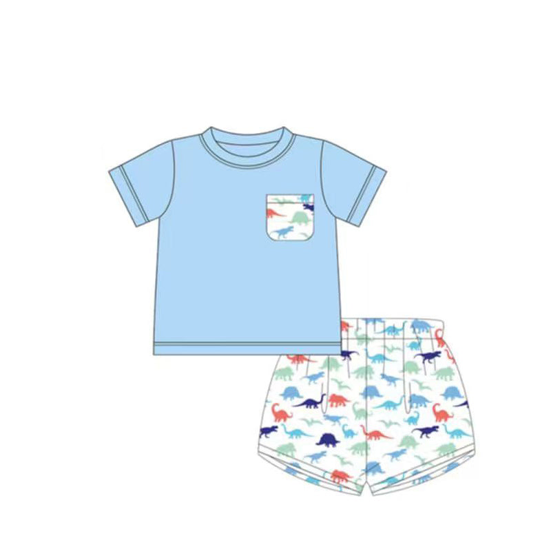 Baby Boys Light Blue Pocket Shirt Top Dinosaurs Short Clothes Sets Preorder