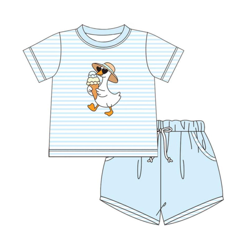 Baby Boys Blue Stripe Ice Cream Goose Top Pockets Short Clothes Sets Preorder