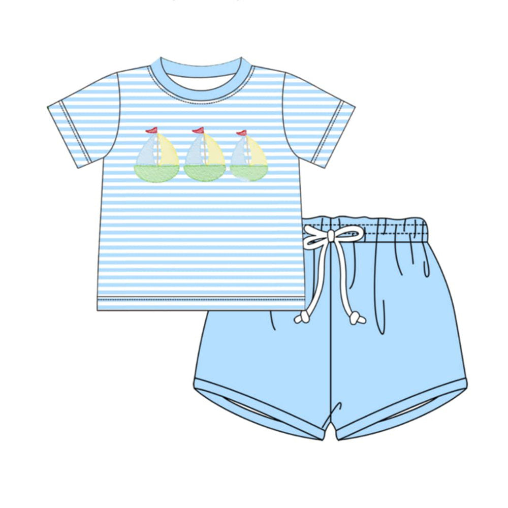 Baby Boys Short Sleeve Blue Stripe Boats Top Short Clothes Sets Preorder