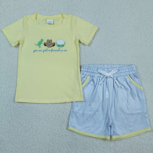 Embroidery Dinosaur Hats Baby Boys Top Pockets Stripe Short Clothes Sets