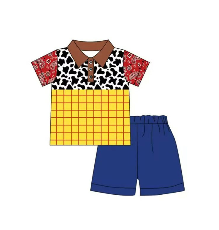 Baby Boys Cow Print Button Polo Shirts Top Pockets Short Clothes Sets Preorder