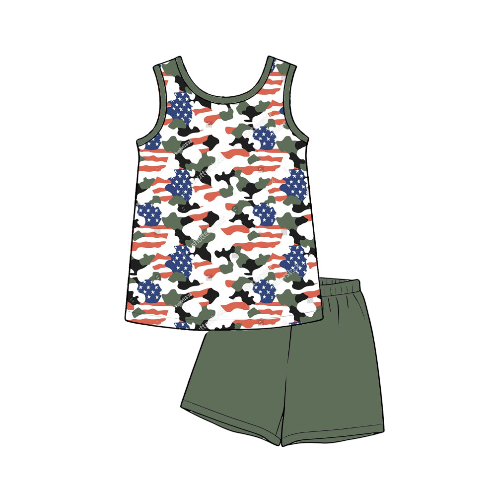Baby Boys Sleeveless Flags Camo Shirt Top Short 4th of July Clothes Sets Preorder