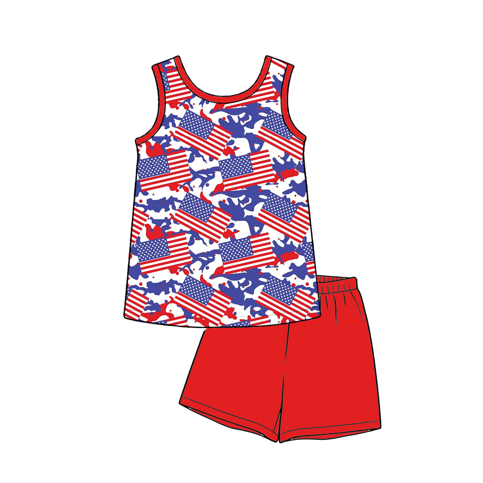 Baby Boys Sleeveless Flags Camo Shirt Top Short 4th of July Clothes Sets Preorder