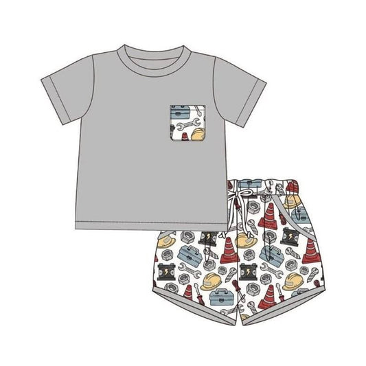 Baby Boys Short Sleeve Shirt Top Tools Pockets Short Clothes Set Preorder