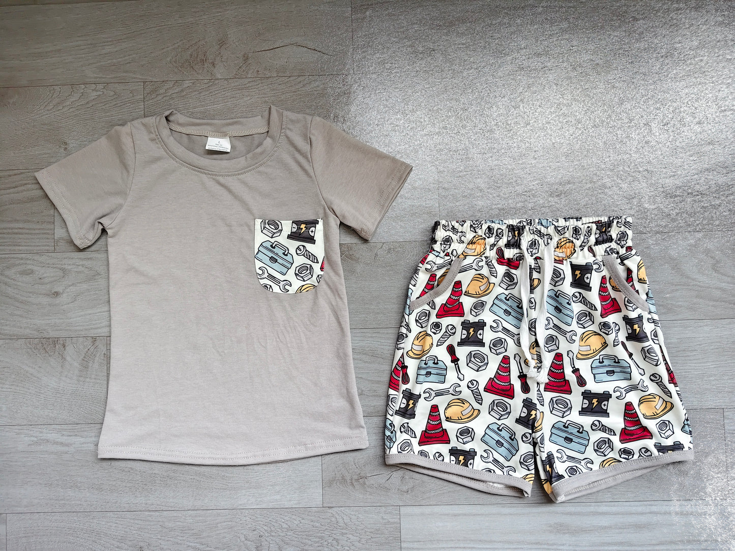 Baby Boys Short Sleeve Shirt Top Tools Boxes Pockets Short Clothes Set