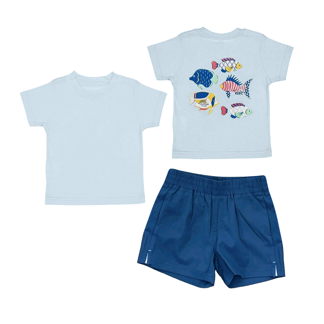 Baby Boys Red Blue Fishes Shirt Top Pockets Short 4th of July Clothes Set Preorder