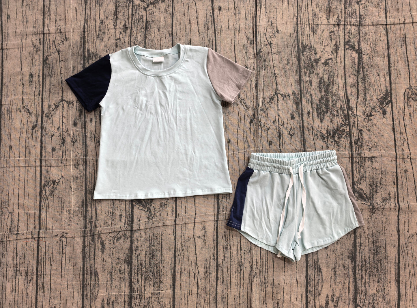 Baby Boys Short Sleeve Blue Grey Patchwork Shirt Top Short Clothes Set