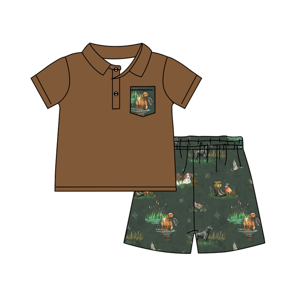 Baby Boys Button Pocket Polo Shirt Top Duck Dogs Short Hunting Clothes Set Preorder