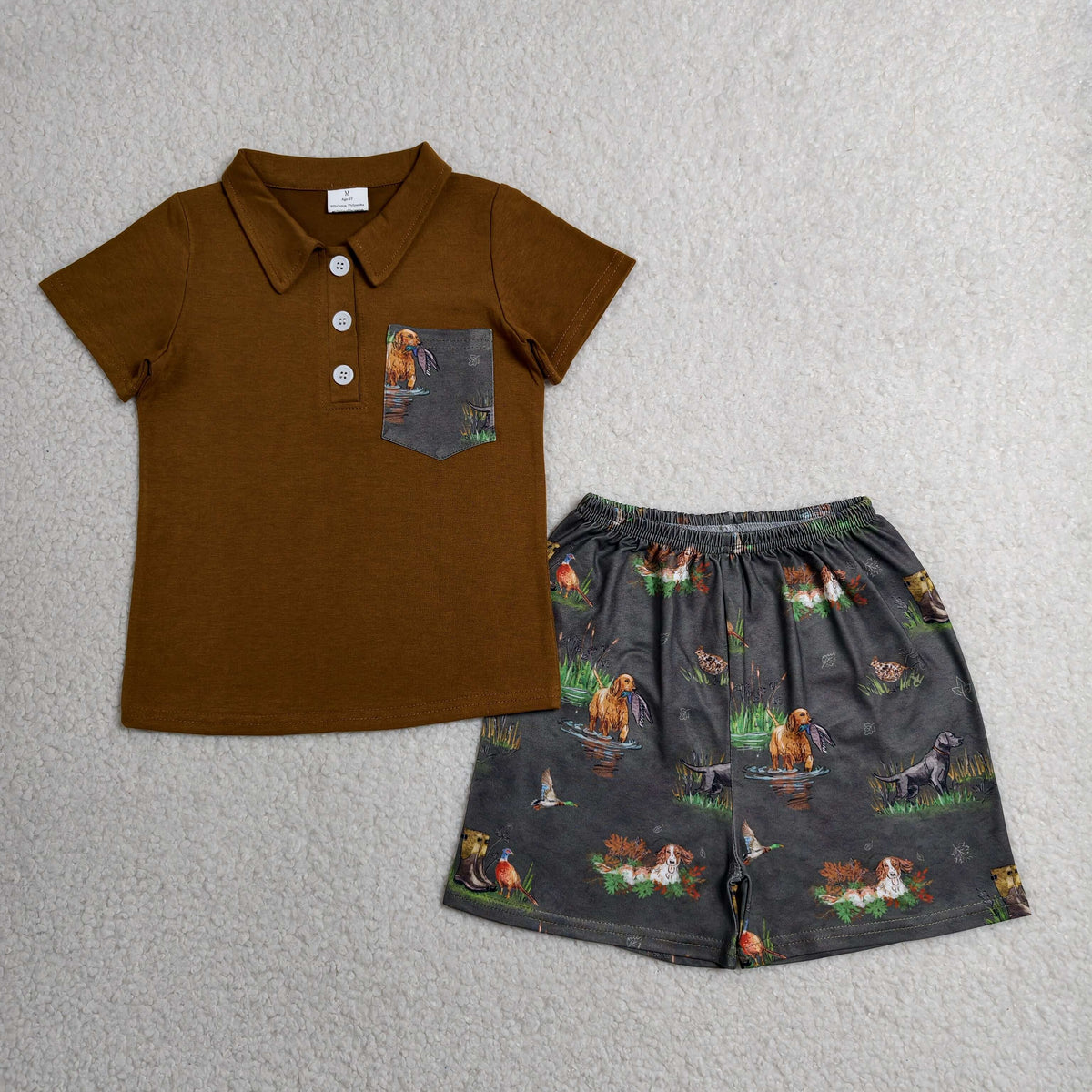 Sibling Baby Boys Dogs Fishes Button Polo Top Short Hunting Clothes Set Rompers