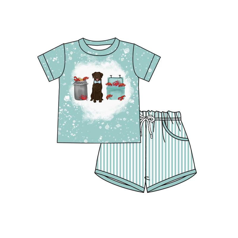 Baby Boys Dog Crayfishes Top Stripe Pockets Short Clothes Set Preorder