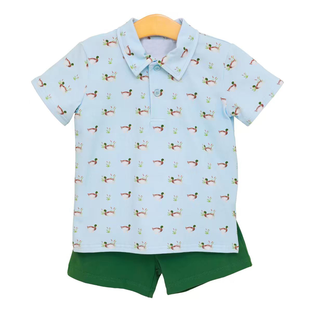 Preorder moq 5 Baby Boys Short Sleeve Ducks Plaid Button Polo Top Short Hunting Clothes Set