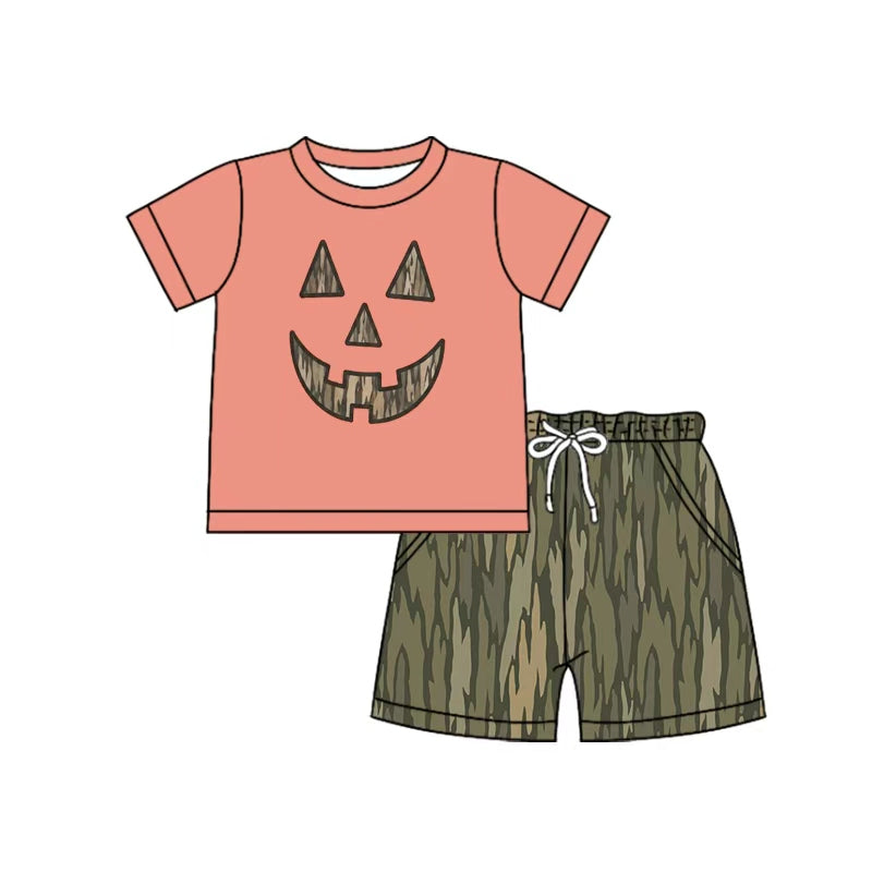 Preorder moq 5 Baby Boys Wood Camo Ghost Pumpkins Top Pockets Short Halloween Clothes Set