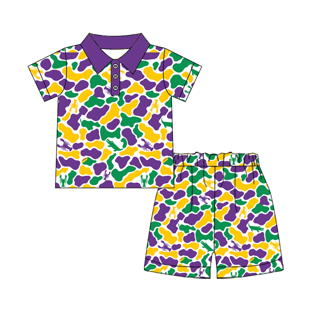 Preorder moq 5 Baby Boys Mardigras Camo Crayfishes Button Polo Shirt Short Clothes Set