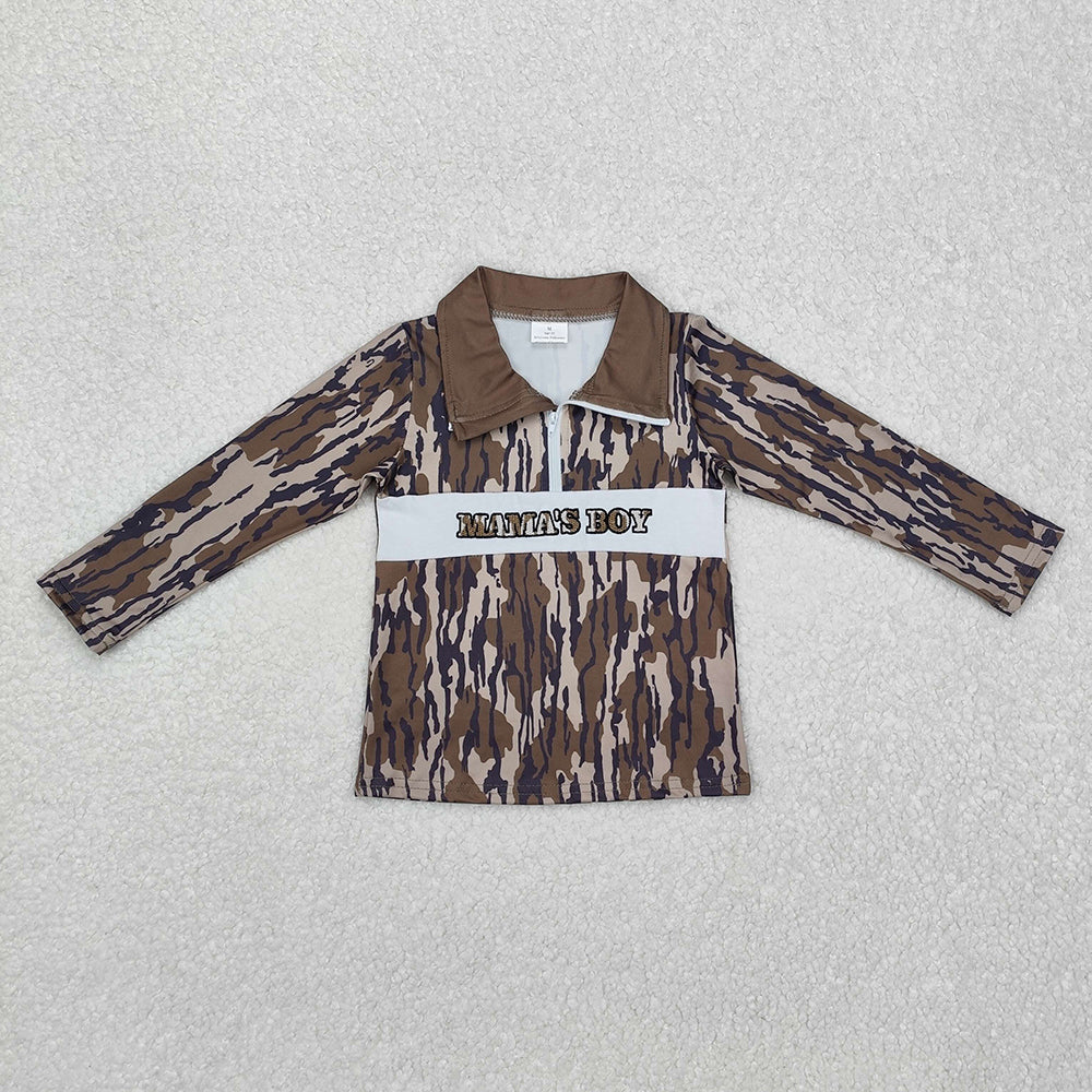 Embroidery Mama's Boy Long Sleeve Southern Wood Camo Zip Pullovers Tops