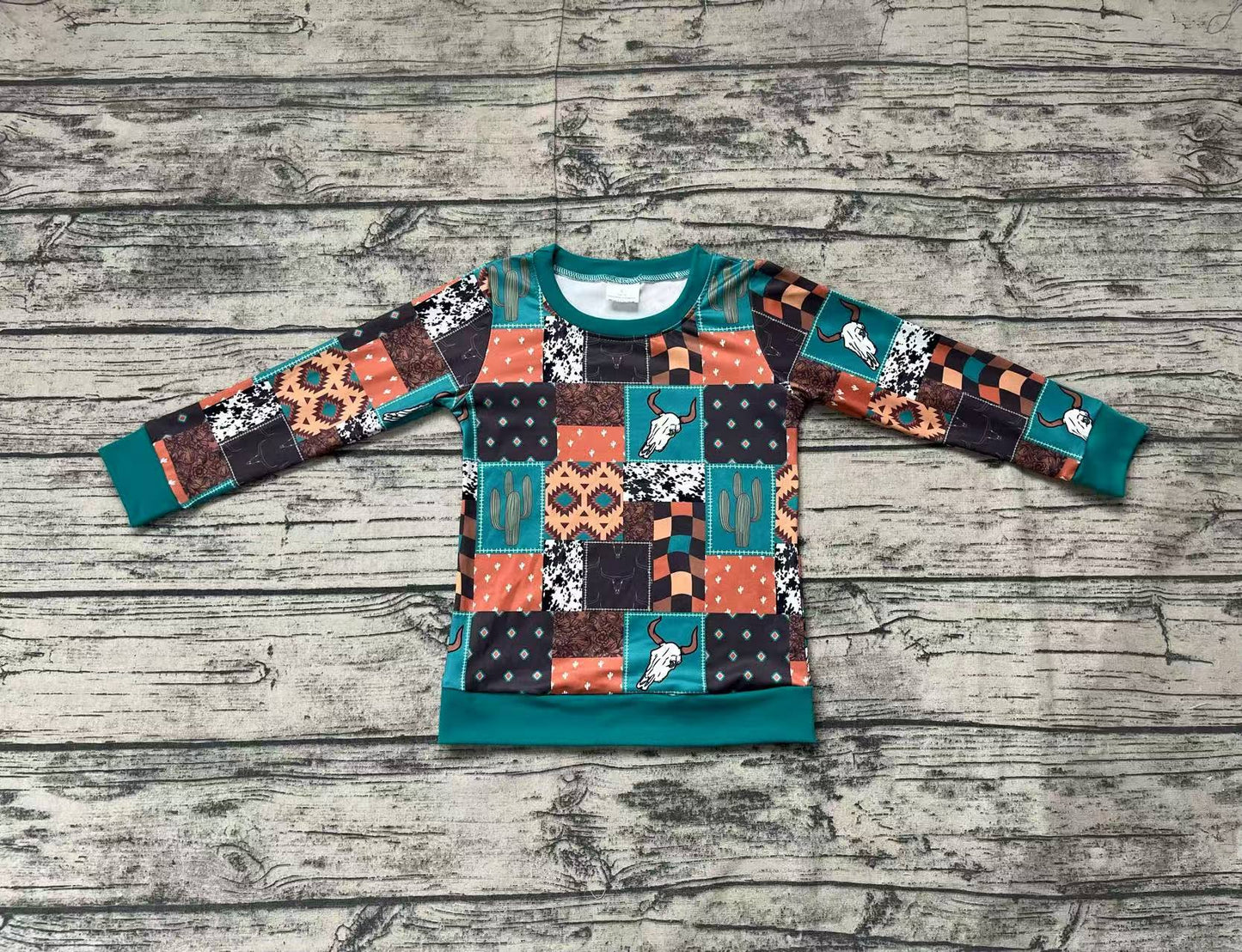 Baby Boys Western Cactus Cow Green Long Sleeve Tee Shirts Tops