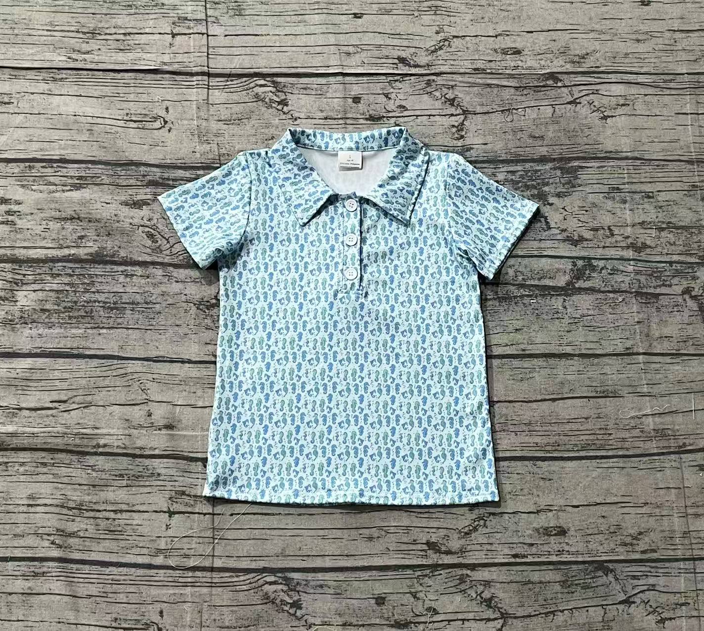 Baby Boys Blue Short Sleeve Seahorses Button Polo Shirts Tops