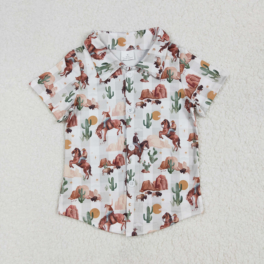 Sibling Baby Boys Western Cow Cactus Rompers Buttons Shirts