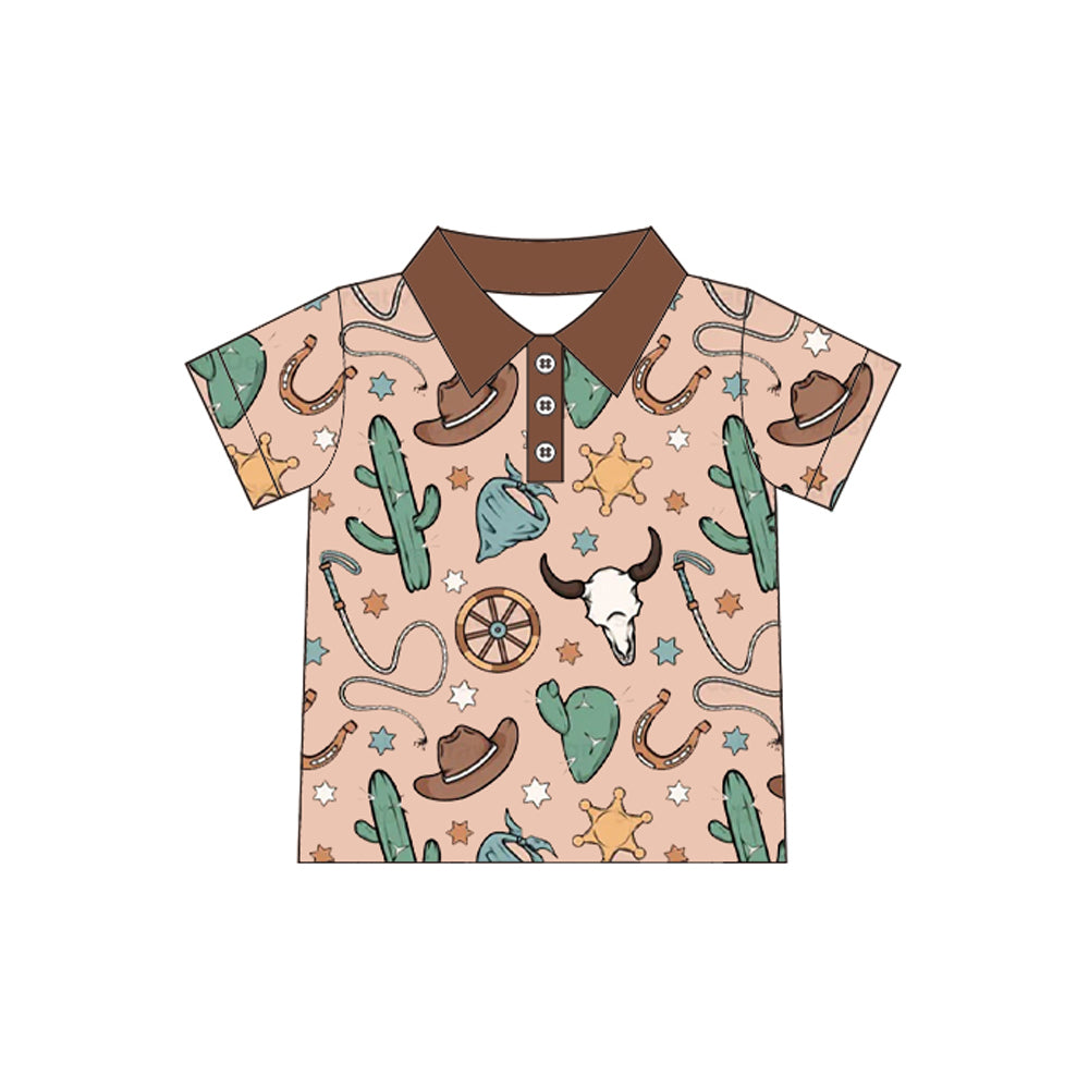 Baby Boys Brown Short Sleeves Button Bull Skull Cactus Polo Shirts Top Preorder