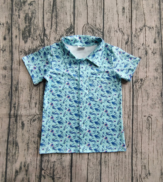 Baby Boys Short Sleeves Blue Flowers Button Shirts Top