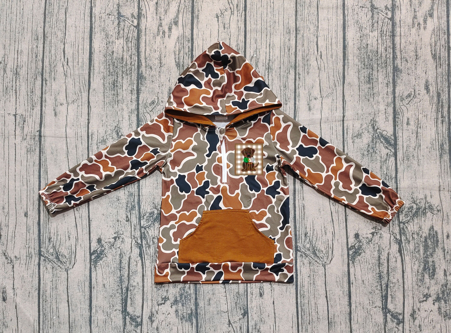 Embroidery Dog Duck Baby Boys Brown Camo Pocket Zip Hunting Hoodies