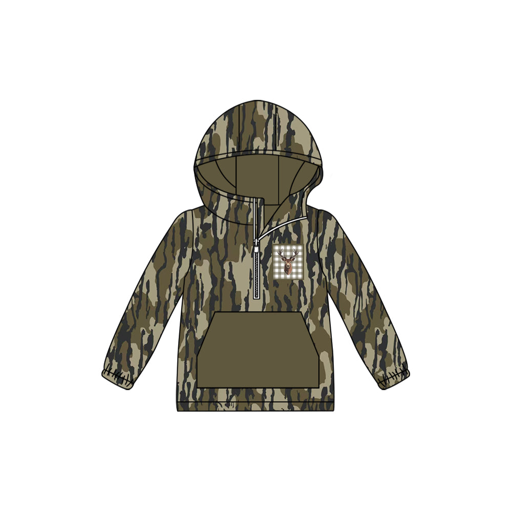 Preorder moq 5 Baby Boys Olive Camo Deer Pocket Zipper Pocket Western Hoodies Top