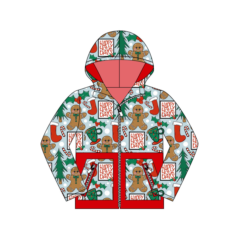 Baby Boys Christmas Gingerbread Holly Pocket Zipper Hoodies Top Preorder