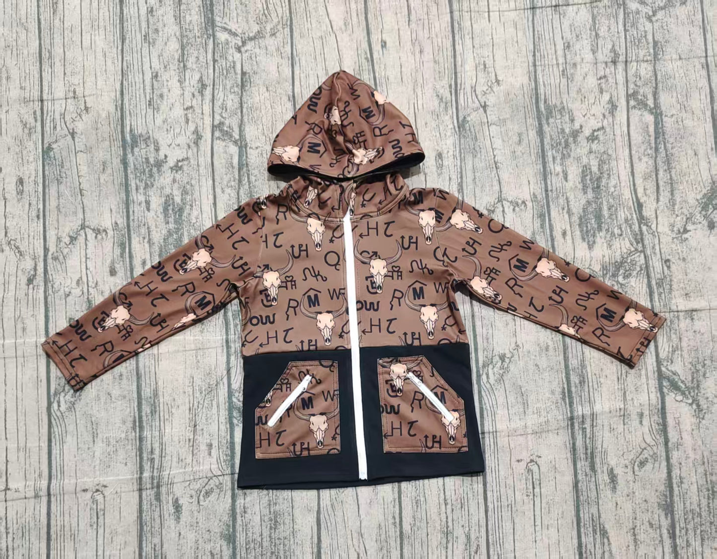 Baby Boys Brown Bull Skulls Pocket Zipper Western Hoodies Jackets Top