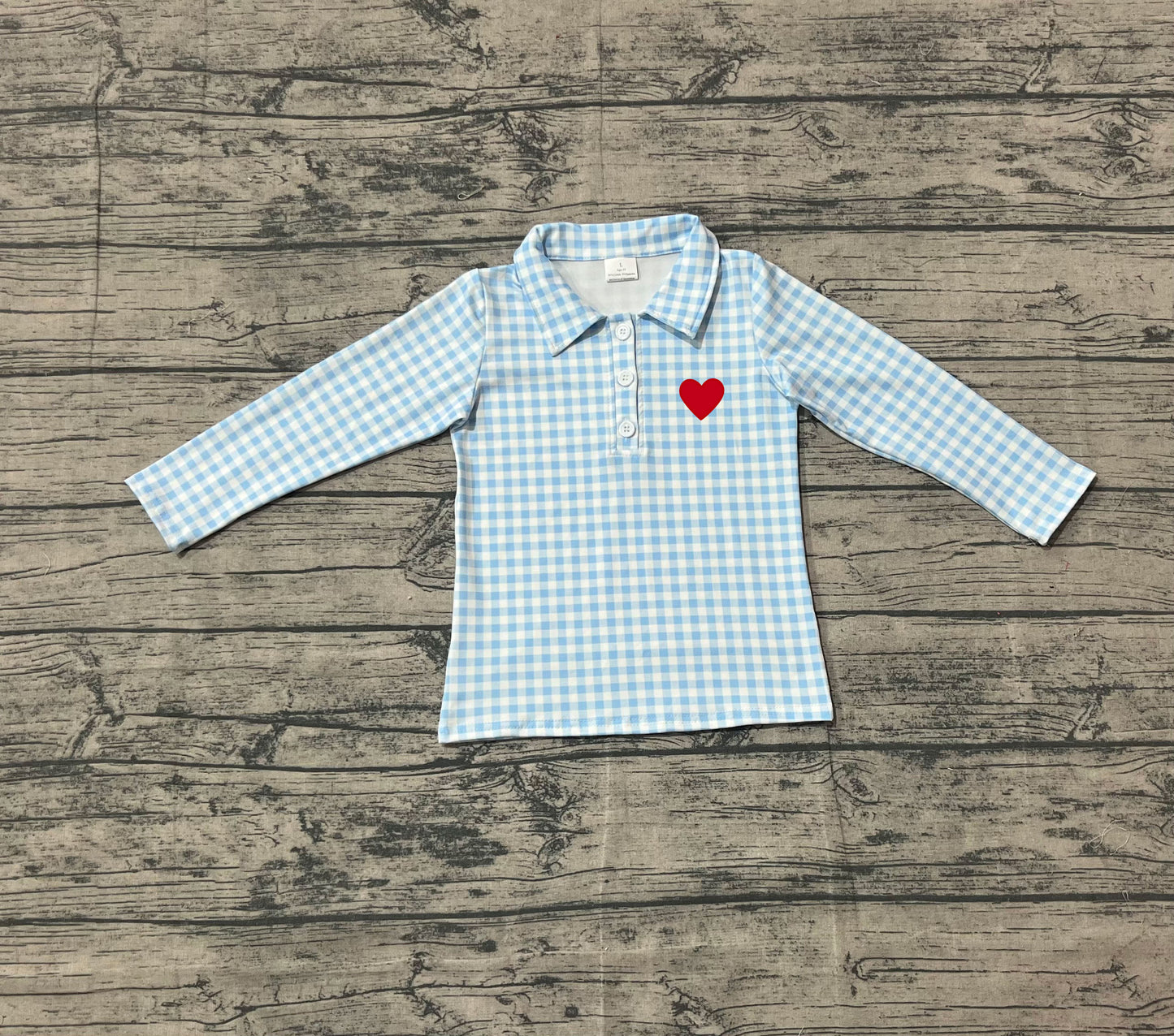 Embroidery Hearts Baby Boys Blue Checked Valentine Polo Shirts Top