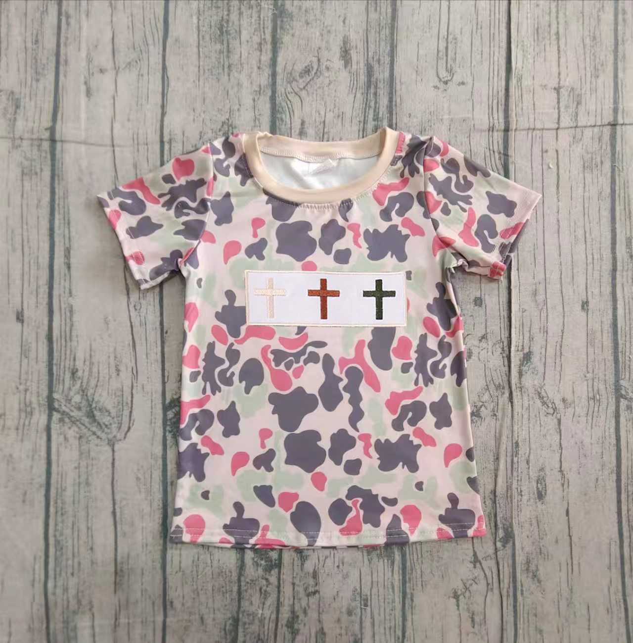 Embroidery Crosses Baby Boys Short Sleeve Camo Easter T-shirts Top