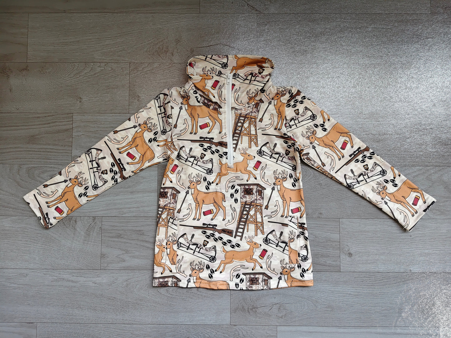 Baby Boys Khaki Long Sleeve Deer Hunting Pockets Zip Pullovers Top