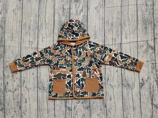 Baby Boys Dark Brown Camo Button Pockets Hooded Hunting Jackets Tops Preorder