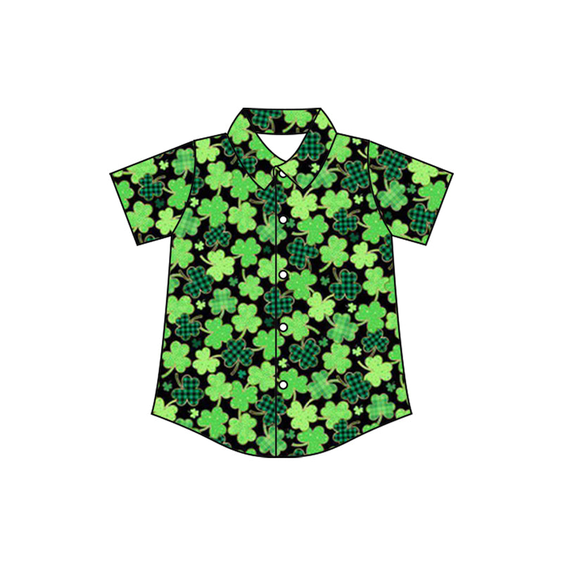 Baby Boys Green Clovers Plaid Button St Patrick Shirts Top Preorder
