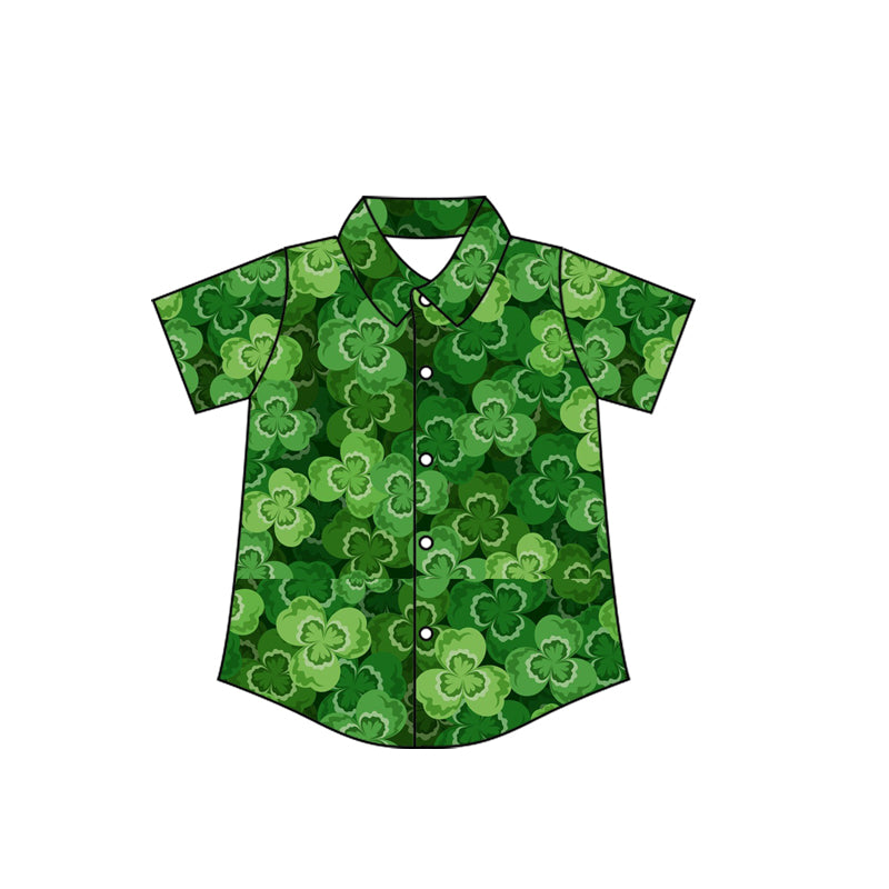 Baby Boys Green Clovers Plaid Button St Patrick Shirts Top Preorder