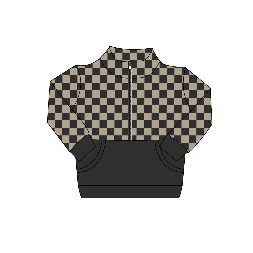 Baby Boys Dark Grey Checked Long Sleeve Zipper Pockets Pullovers Top Preorder